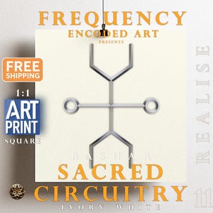 Könnte beinhalten: Ein weißer quadratischer Druck mit einem silbernen geometrischen Design in der Mitte. Der Text "FREQUENCY ENCODED ART PRESENTS BASILAR SACRED CIRCUITRY 11 IVORY WHITE" ist unter dem Design gedruckt.
