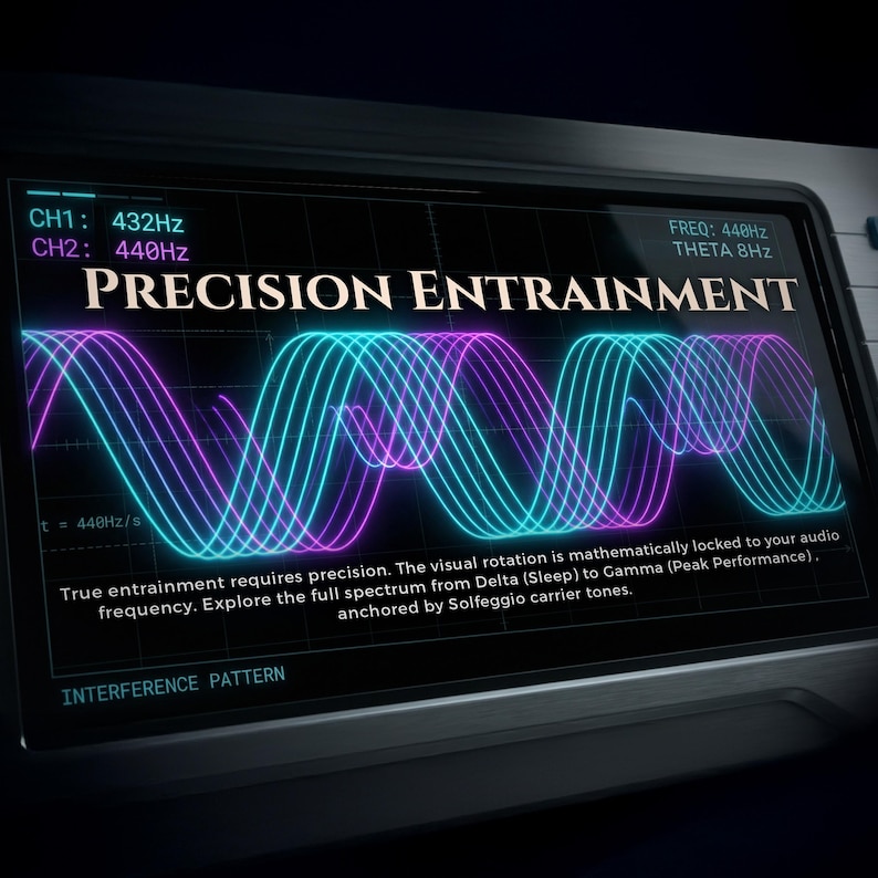 A close-up scientific display of a binaural sine wave interference pattern. Cyan and Purple waves overlap to create a beat frequency. Text: "Precision Entrainment. True entrainment requires precision." Explains the mathematical accuracy of the audio engine from Delta to Gamma frequencies.