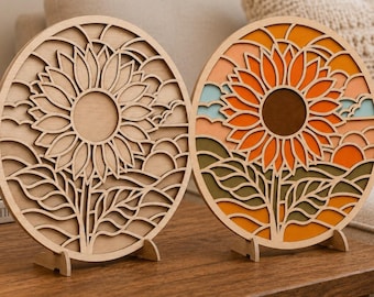 Sunflower Stained Glass SVG, dopamine decor svg, Round Floral Laser Cut File, Farmhouse Wall Art DXF EPS