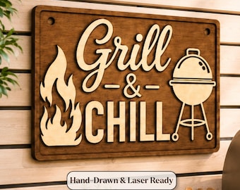 Grill Area Sign SVG, Laser Cut BBQ Wood Plaque File, Patio Wall Decor DXF Eps