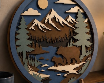 Rustic Bear Wall Art SVG, Layered Mountain Landscape File for Laser Cutting