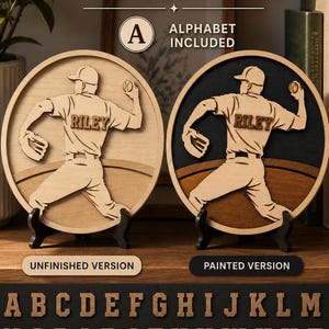 Fichier SVG personnalisable pour décoration murale sur le thème du baseball, lettres du nom du joueur incluses, découpe laser.
