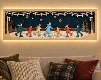 Grafika ścienna z warstwami drewna na lodowisku w formacie SVG, plik wycinany laserowo z zimową sceną rodzinną, drewniana dekoracja w formacie 3D Shadow Box, lodowisko Glowforge xTool w formacie SVG