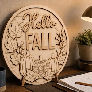 May include: A circular light-colored wooden sign featuring the laser-cut text Hello FALL. The design includes three pumpkins, with the center pumpkin displaying a leopard print pattern, surrounded by maple leaves and sprigs on a plank background.