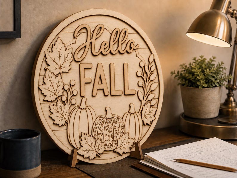 May include: A circular light-colored wooden sign featuring the laser-cut text Hello FALL. The design includes three pumpkins, with the center pumpkin displaying a leopard print pattern, surrounded by maple leaves and sprigs on a plank background.