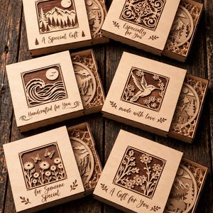 May include: Six square light wood gift boxes with sliding lids, each featuring a laser-cut design and text. Designs include mountains, waves, a hummingbird, flowers, and ornate patterns. Text includes A Special Gift, Especially for You, Handcrafted for You, made with love, for Someone Special, and A Gift for You.