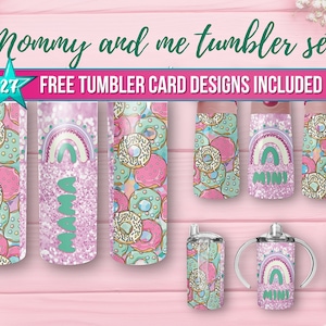 Mama Mini Donut Pink Glitter Tumbler PNG Set Diseño de sublimación 20 oz vaso flaco 12 oz Botella de agua para niños Sippy Cup Descarga digital PNG