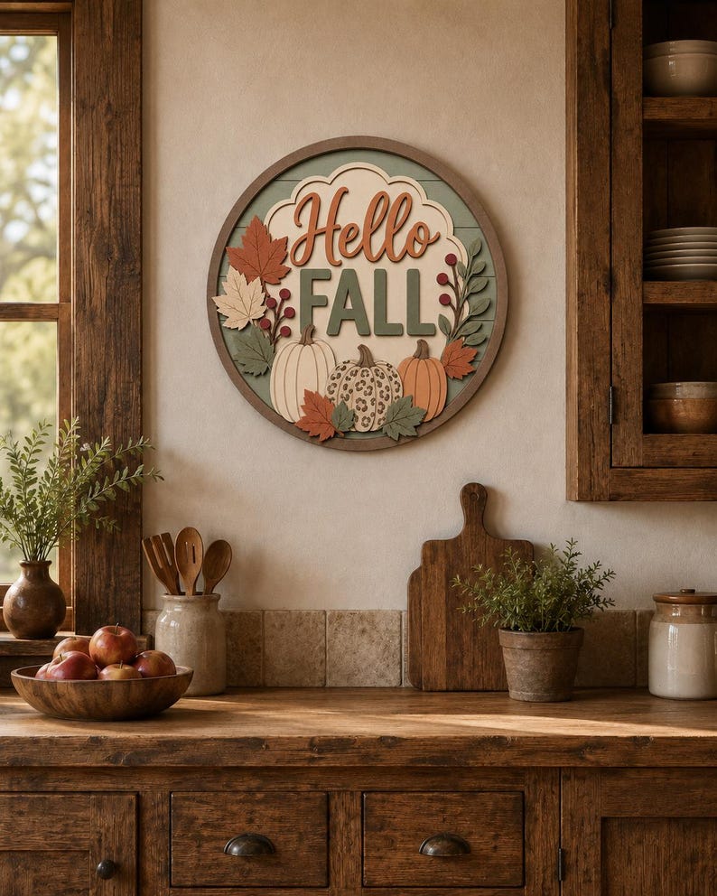 May include: A circular wooden wall sign featuring the text Hello FALL in raised lettering. The design includes three pumpkins, one with a leopard print pattern, surrounded by autumn leaves and berries in shades of orange, green, and cream.