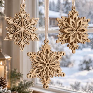 Layered Snowflake SVG Bundle, 3 Laser Cut Snowflakes, Winter Decor SVG, Glowforge xTool Laser File, Wooden Hanging Snowflake