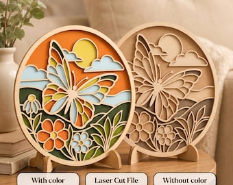 Butterfly Stained Glass SVG, dopamine decor svg, Floral Suncatcher Style Laser File, Garden Wall Art