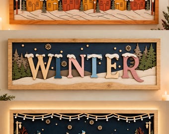 May include: Three rectangular wooden wall art pieces featuring layered designs. The top shows a snowy village with colorful houses. The middle displays the word WINTER in large letters. The bottom depicts people ice skating under string lights.