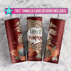 Hello Pumpkin Fall Maple leaves Leopard print Bleach spot Pumpkin vibes Hello Fall Sublimation tumbler wrap 20oz Skinny Tumbler Download PNG