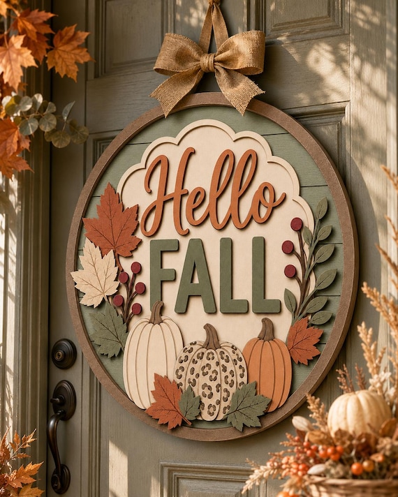 Fall door hanger svg Hello Fall Sign SVG, Pumpkin Autumn Laser Cut File, Round Fall Wood Plaque Dxf Eps Pdf