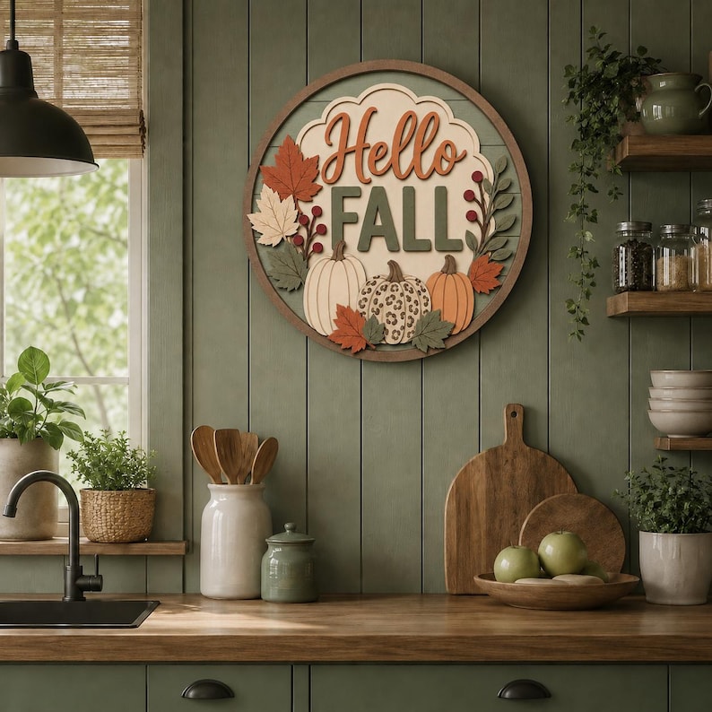 May include: A circular wooden wall sign featuring the text Hello FALL in orange and dark green letters. The design includes layered cutouts of three pumpkins, one with a leopard print pattern, surrounded by autumn leaves and red berries.