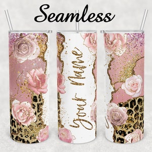 Tumbler Custom Name Gold Marble Pink Roses Leopard Print sublimation design 20oz skinny Faux glitter tumbler Sublimation Designs