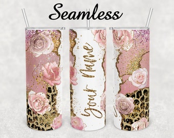 Tumbler Custom Name Gold Marble Pink Roses Leopard Print sublimation design 20oz skinny Faux glitter tumbler Sublimation Designs