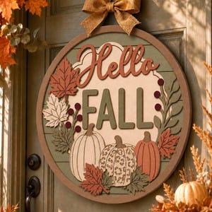Fall door hanger svg Hello Fall Sign SVG, Pumpkin Autumn Laser Cut File, Round Fall Wood Plaque Dxf Eps Pdf