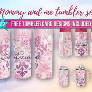 Mama Mini Pink Peonies Tumbler Wrap Set PNG Digital Download Sublimation design for 20 oz skinny tumbler 12 oz Flip Top Kids 12oz Sippy cup