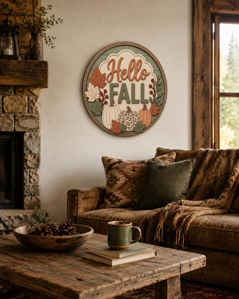 May include: A circular wooden wall sign featuring the text Hello FALL in raised lettering. The design includes layered cutouts of three pumpkins, one with a leopard print pattern, surrounded by various autumn leaves and berries in muted tones.