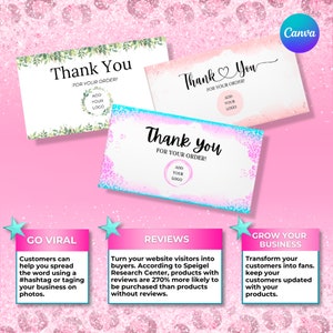 K&ouml;nnte beinhalten: Drei rosa und wei&szlig;e Dankeskarten mit Blumen- und Glitzermotiven. Der Text auf den Karten lautet "Vielen Dank f&uuml;r Ihre Bestellung!" mit einem Platz zum Hinzuf&uuml;gen eines Logos. Die Karten befinden sich auf einem rosa Hintergrund mit Glitzer.