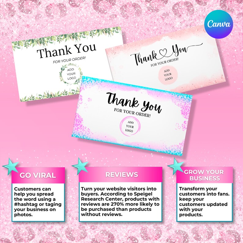 K&ouml;nnte beinhalten: Drei rosa und wei&szlig;e Dankeskarten mit Blumen- und Glitzermotiven. Der Text auf den Karten lautet "Vielen Dank f&uuml;r Ihre Bestellung!" mit einem Platz zum Hinzuf&uuml;gen eines Logos. Die Karten befinden sich auf einem rosa Hintergrund mit Glitzer.