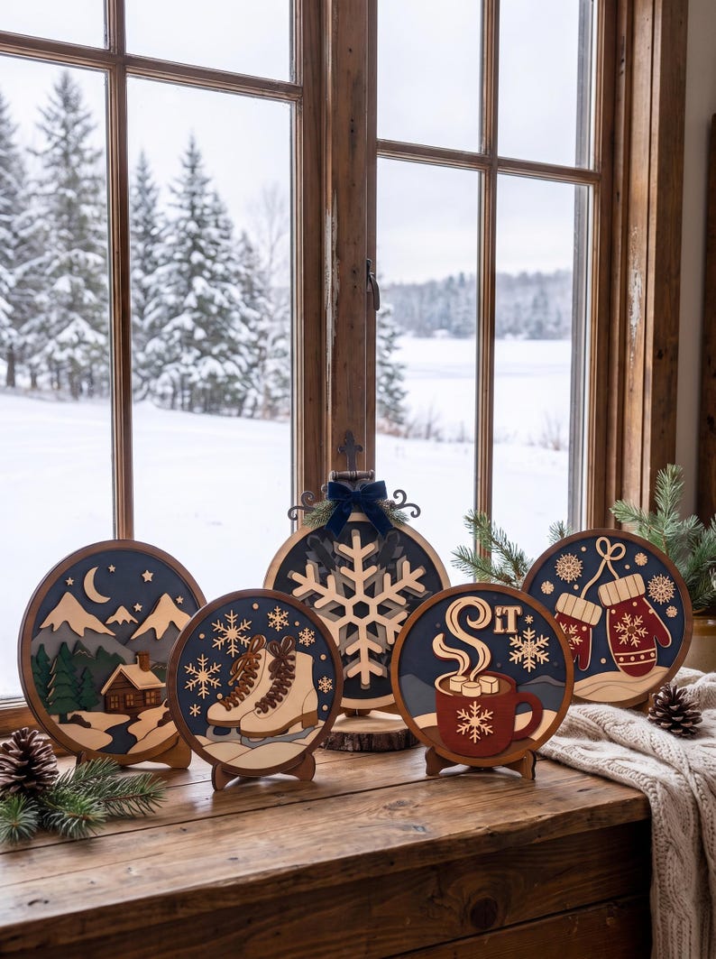 Winter Laser Cut Files Bundle, 6 Winter Sign SVG Designs, Snowflake ...