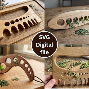 May include: Wooden herb stripper and herb comb with various sized holes and comb-like teeth. The tool is shown with fresh herbs, and the text "SVG Digital file".