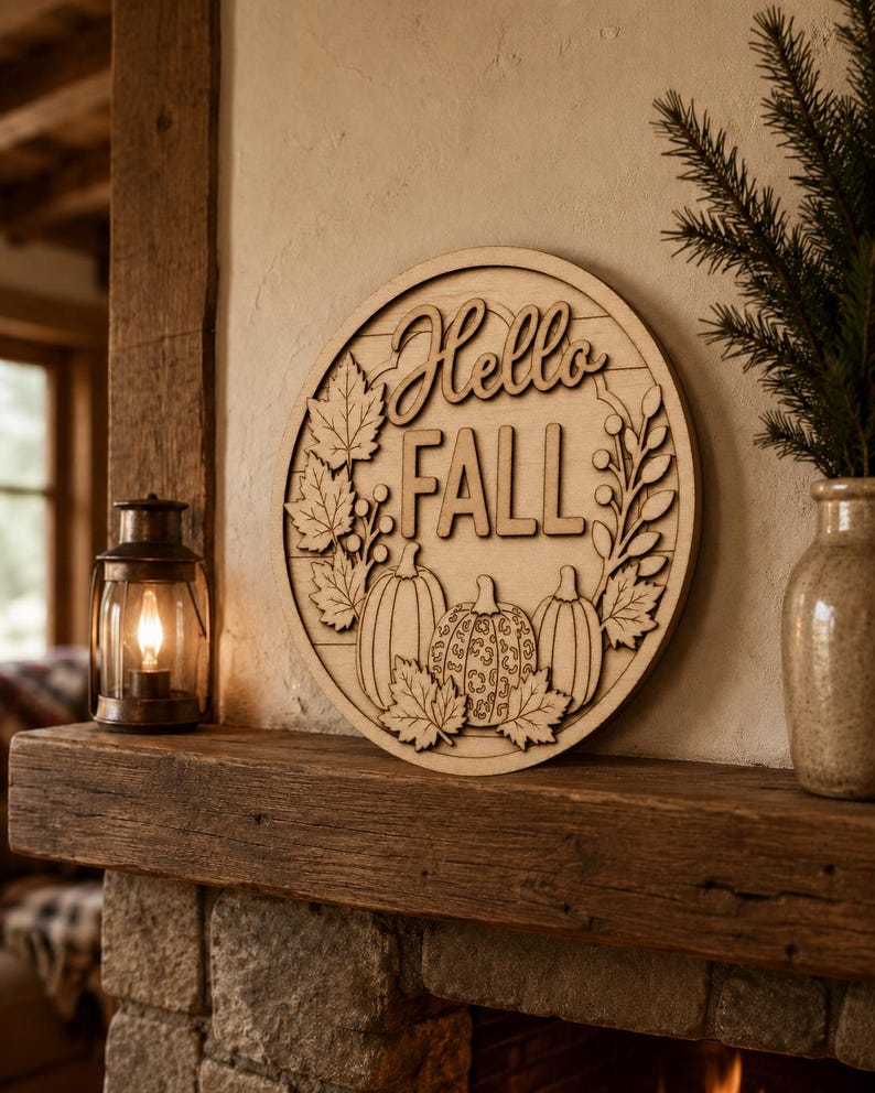 May include: A circular wooden wall sign featuring the text Hello Fall in a script and block font. The design includes layered cutouts of three pumpkins, one with a leopard print pattern, surrounded by maple leaves and sprigs on a plank background.