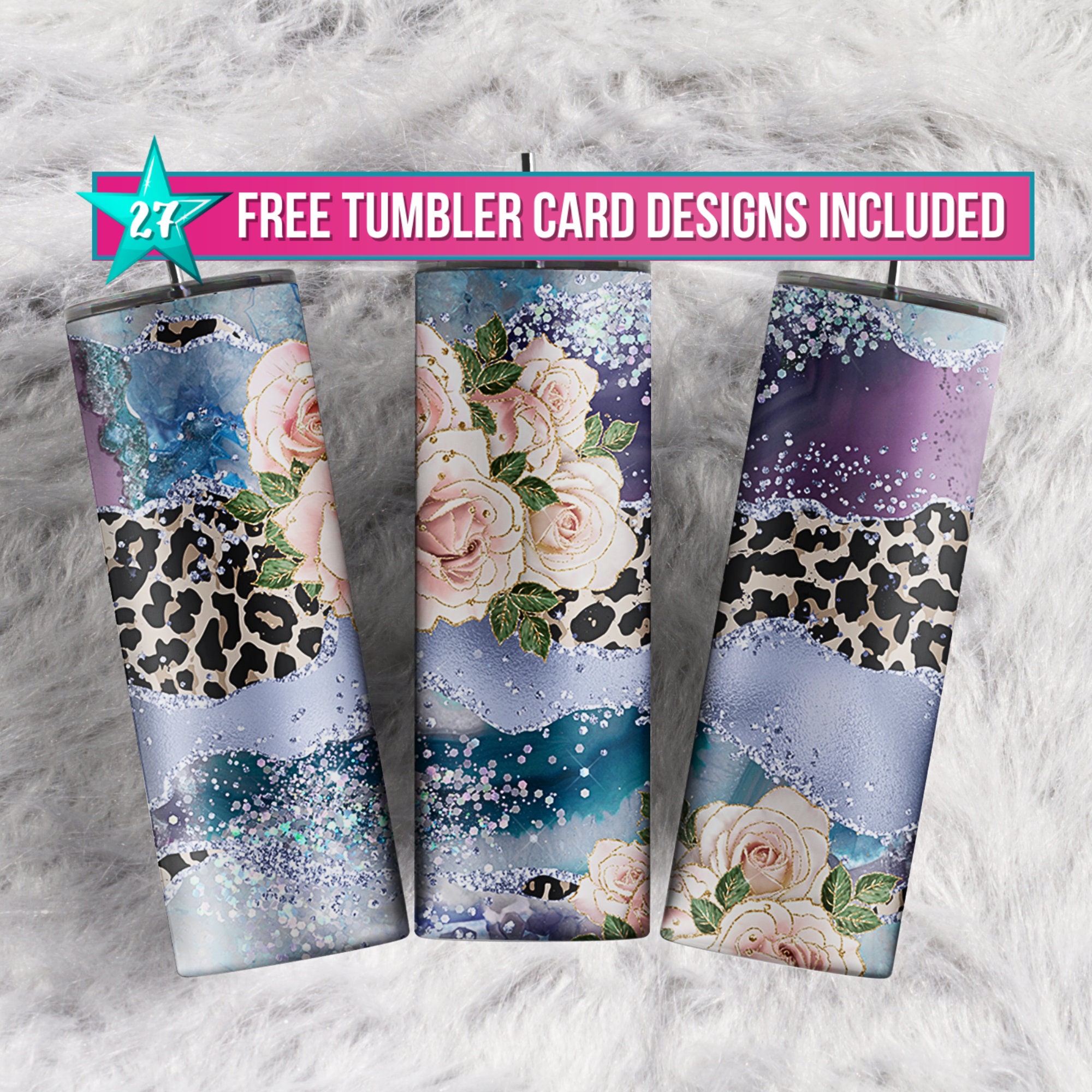 Seamless Blue Purple Marble Agate Pink Roses Beige Leopard Print sublimation tumbler designs 20oz skinny Holographic Glitter tumbler wrap