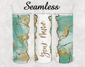 Seamless Custom Name tumbler wrap Gold Marble Emerald green Alcohol Ink Watercolor 20oz skinny tumbler Sublimation Design Download PNG