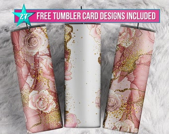 Tumbler Custom Name Gold marble Soft Pink sublimation design tumbler 20 oz skinny Pink Roses glitter tumbler Sublimation Designs Seamless