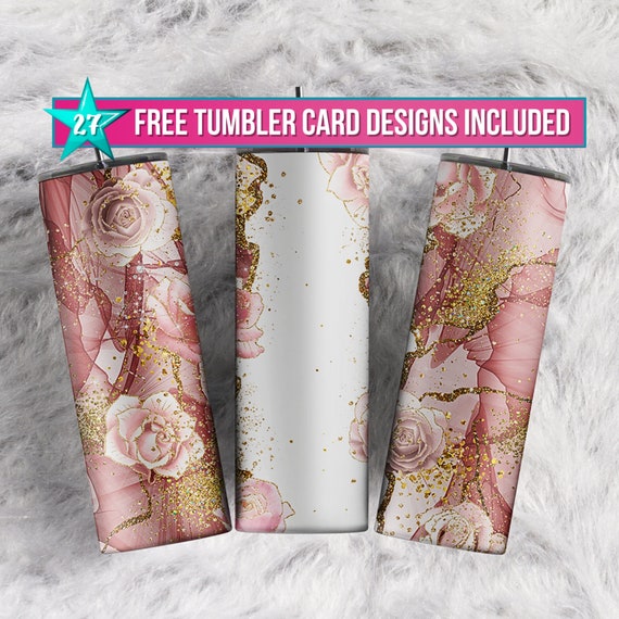 Custom Name Tumbler, Gold Marble Soft Pink Roses Design (PNG Digital Download)