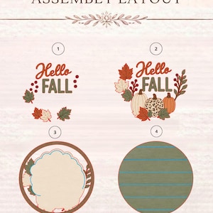 May include: An assembly layout diagram featuring four numbered sections. Section 1 shows the text Hello FALL with autumn leaves. Section 2 displays the text Hello FALL with pumpkins and leaves. Section 3 is a circular frame. Section 4 is a green circle.