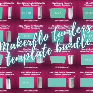 Può includere: Una collezione di 10 diversi modelli di bicchiere MakerFlo in varie dimensioni, tra cui 20oz skinny tapered, 20oz skinny straight, 20oz regular, 30oz, 20oz thick, 12oz mason jar, 30oz skinny tapered, 30oz thick, 32oz tapered, 12oz camp mug, 18oz hydro water bottle, 32oz hydro water bottle, 12oz thick duozie, e 12oz slim duozie. Ogni modello è mostrato con un bicchiere argentato e un rettangolo turchese con le dimensioni del modello in pollici. I modelli sono disponibili nei formati SVG, PNG e PDF.