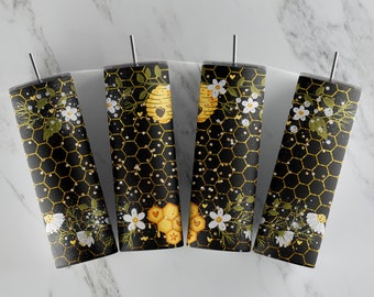 Black Bee Tumbler Wrap, Gold Glitter Honeycomb Daisies (PNG)