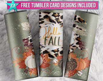 Hello Pumpkin Fall Tumbler Wrap: Leopard, Ahornblätter (PNG Digital Download)