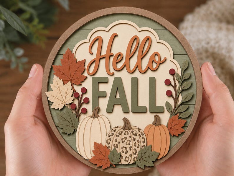 May include: A circular wooden sign featuring the text Hello FALL in layered script and block lettering. The design includes cutouts of three pumpkins, one with a leopard print pattern, surrounded by autumn leaves and red berries in shades of green, orange, and cream.