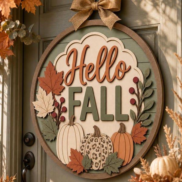 Fall door hanger svg Hello Fall Sign SVG, Pumpkin Autumn Laser Cut File, Round Fall Wood Plaque