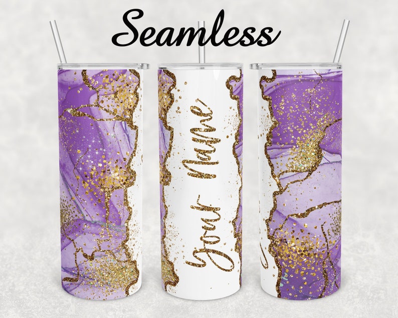Custom Name Tumbler, Gold Marble Purple Alcohol Ink Design (20oz Skinny, Sublimation, PNG) image 1