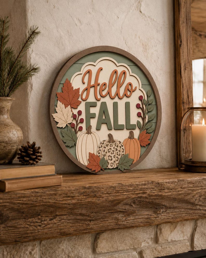 May include: A circular wooden wall sign featuring the text Hello Fall in raised lettering. The design includes three pumpkins, one with a leopard print pattern, surrounded by layered autumn leaves and berries in shades of orange, green, and cream.