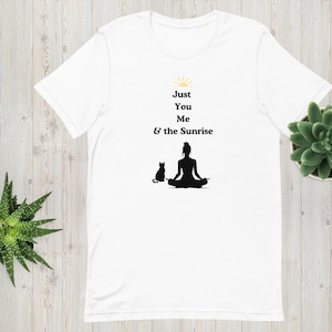 Cat Yoga Sunrise T-shirt: Minimalist Line Art, Combed Cotton Tee