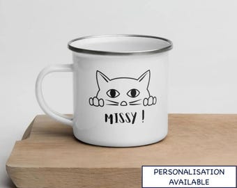Cat Enamel Mug: Personalised Meow Coffee Cup, Camping Mug
