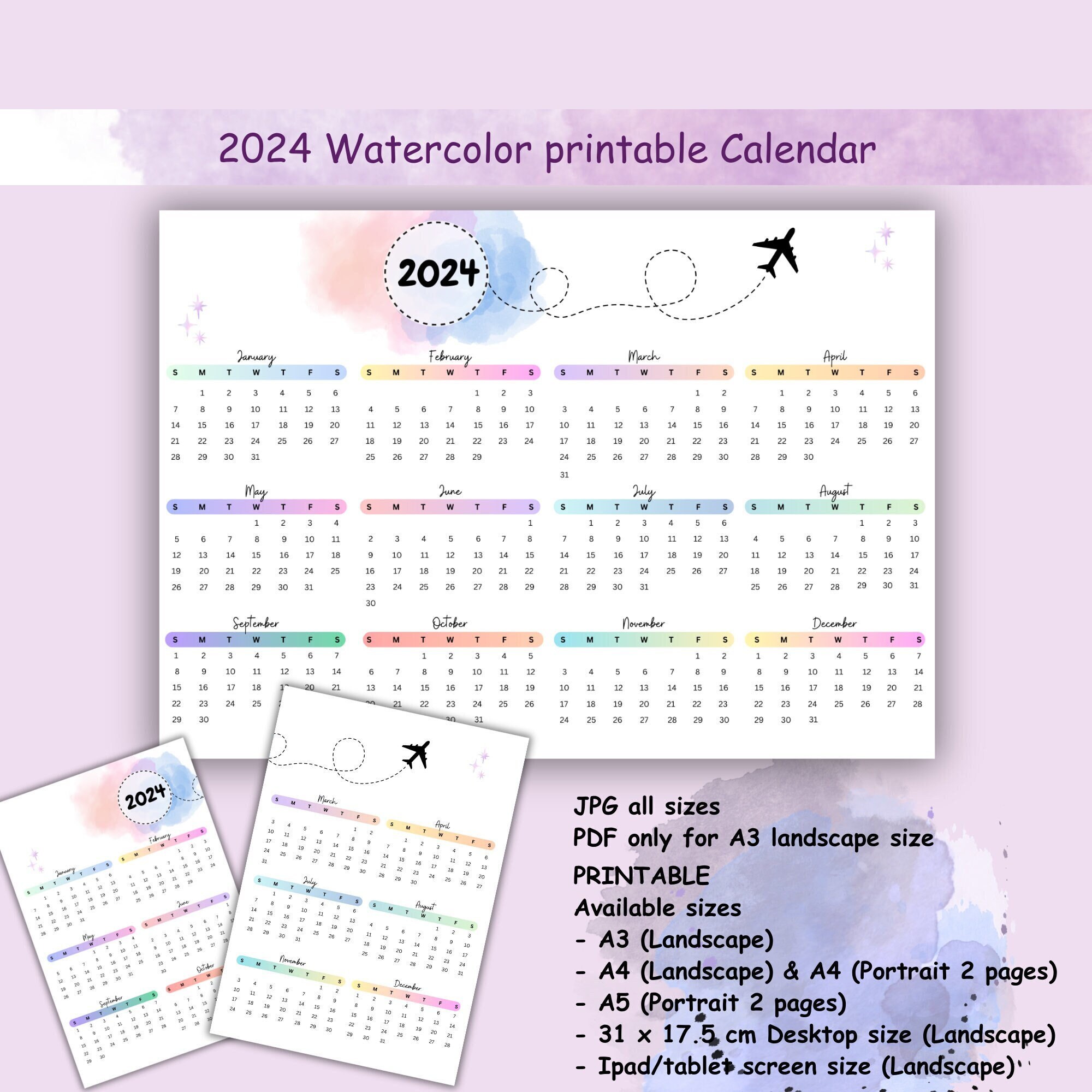 2024 Watercolor Calendar 2024 Calendar Printable Calendar - Etsy Australia