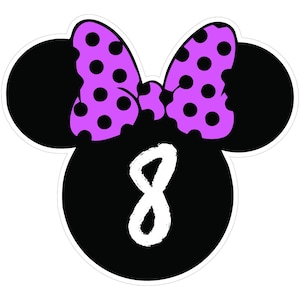 May include: A black Minnie Mouse head shape with a white outline. The head features two black ears, a purple bow with black polka dots, and the number 8 in white.