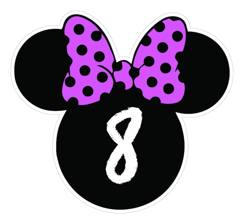 May include: A black Minnie Mouse head shape with a white outline. The head features two black ears, a purple bow with black polka dots, and the number 8 in white.