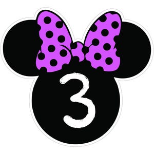 May include: A black and white graphic featuring a mouse head shape with a purple bow with black polka dots. The number 3 is in white, centered on the mouse head. The design is outlined in white.