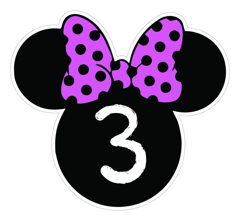 May include: A black and white graphic featuring a mouse head shape with a purple bow with black polka dots. The number 3 is in white, centered on the mouse head. The design is outlined in white.