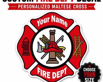 Custom Fire Department Maltese Cross Decal, Personalized Firefighter Vinyl Sticker, Fire Dept Car Window Helmet Decal