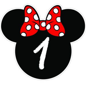 May include: A black mouse head shape with a red bow featuring white polka dots. The number 1 is in white, centered below the bow. The design is outlined in white.