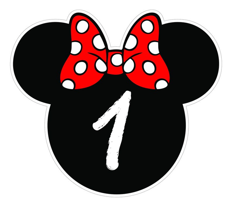 May include: A black mouse head shape with a red bow featuring white polka dots. The number 1 is in white, centered below the bow. The design is outlined in white.